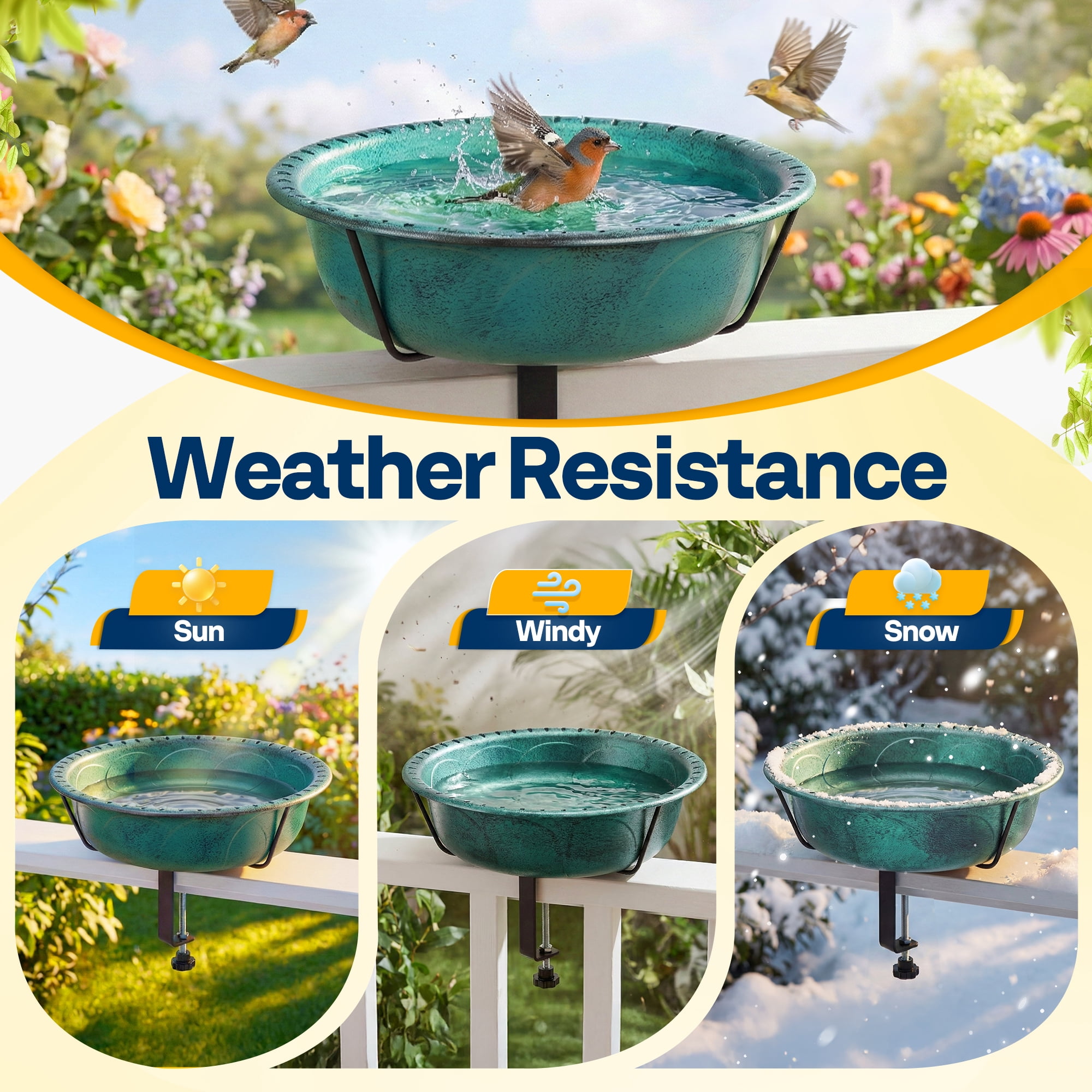 SPECSTAR Deck Mounted Bird Bath for Outside, Weather-Resistant ABS Bird Bath and Feeder with Adjustable Metal Clamp for Railing, Fence, Balcony, 1.45 Gallons, Green