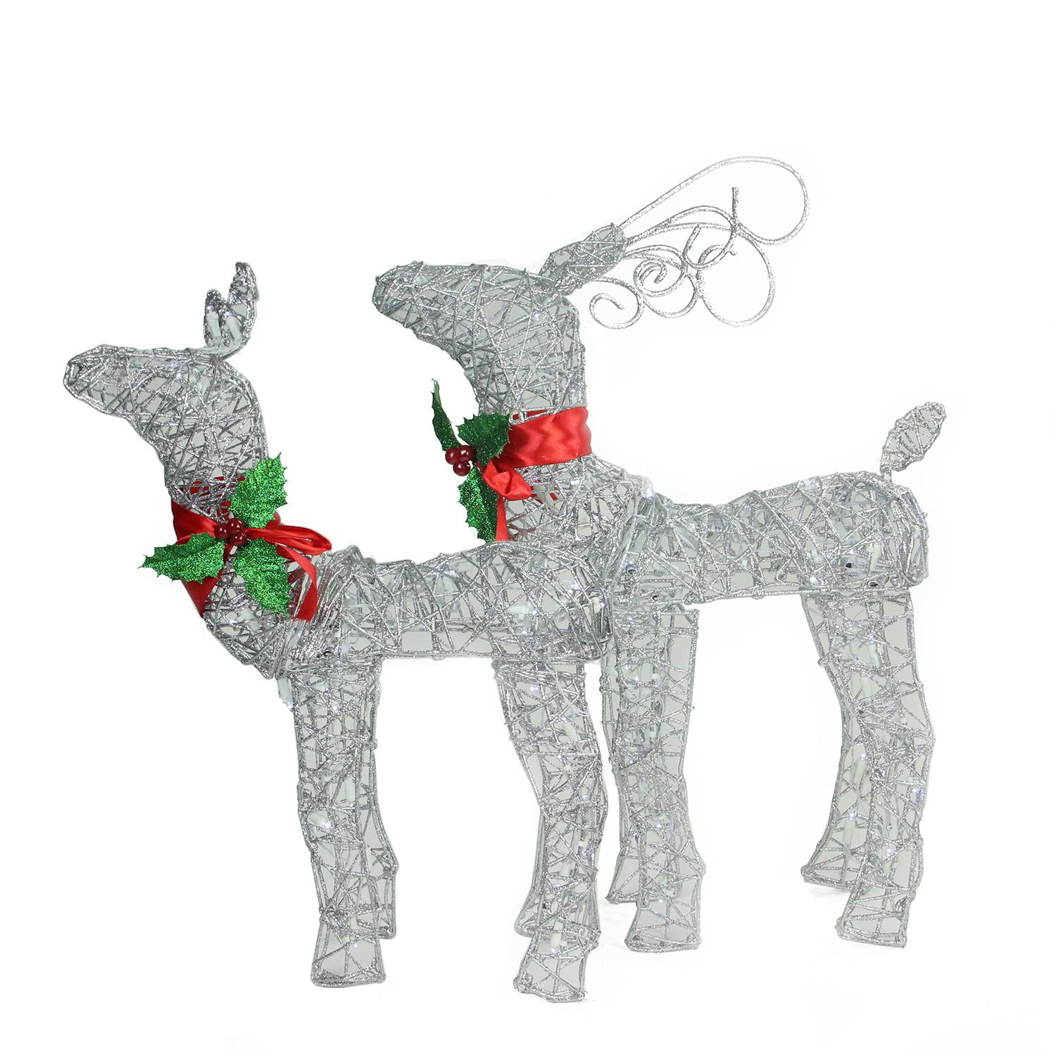 Set Of 2 Led Lighted Silver Glitter Buck And Doe Reindeer Outdoor Decorations