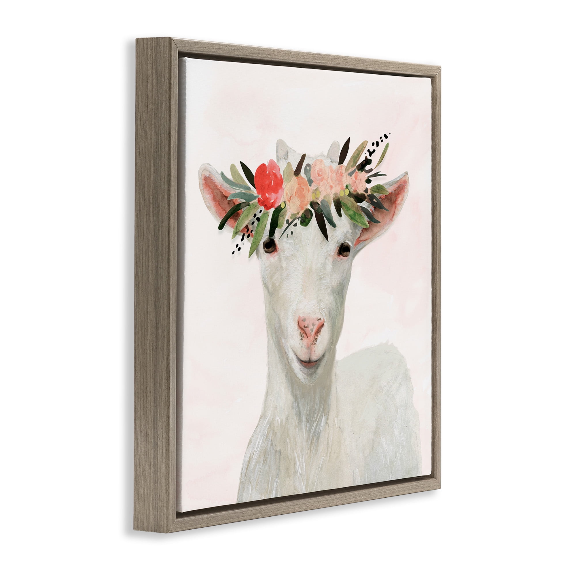 Stupell Industries Springtime Flower Crown Baby Goat Animals & Insects Painting Brown Floater Framed Canvas Art Print Wall Art, 18 x 18