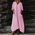 thumbnail image 2 of Vestido Casual de Mujer Suelto Cuello en V Manga de Tres Cuartos con Bolsillos Y Borde Irregular Vestido de Lino Mujeres, 2 of 9