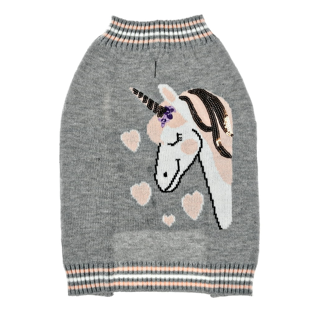 Vibrant Life Gray Happy Unicorn Dog Sweater, Small