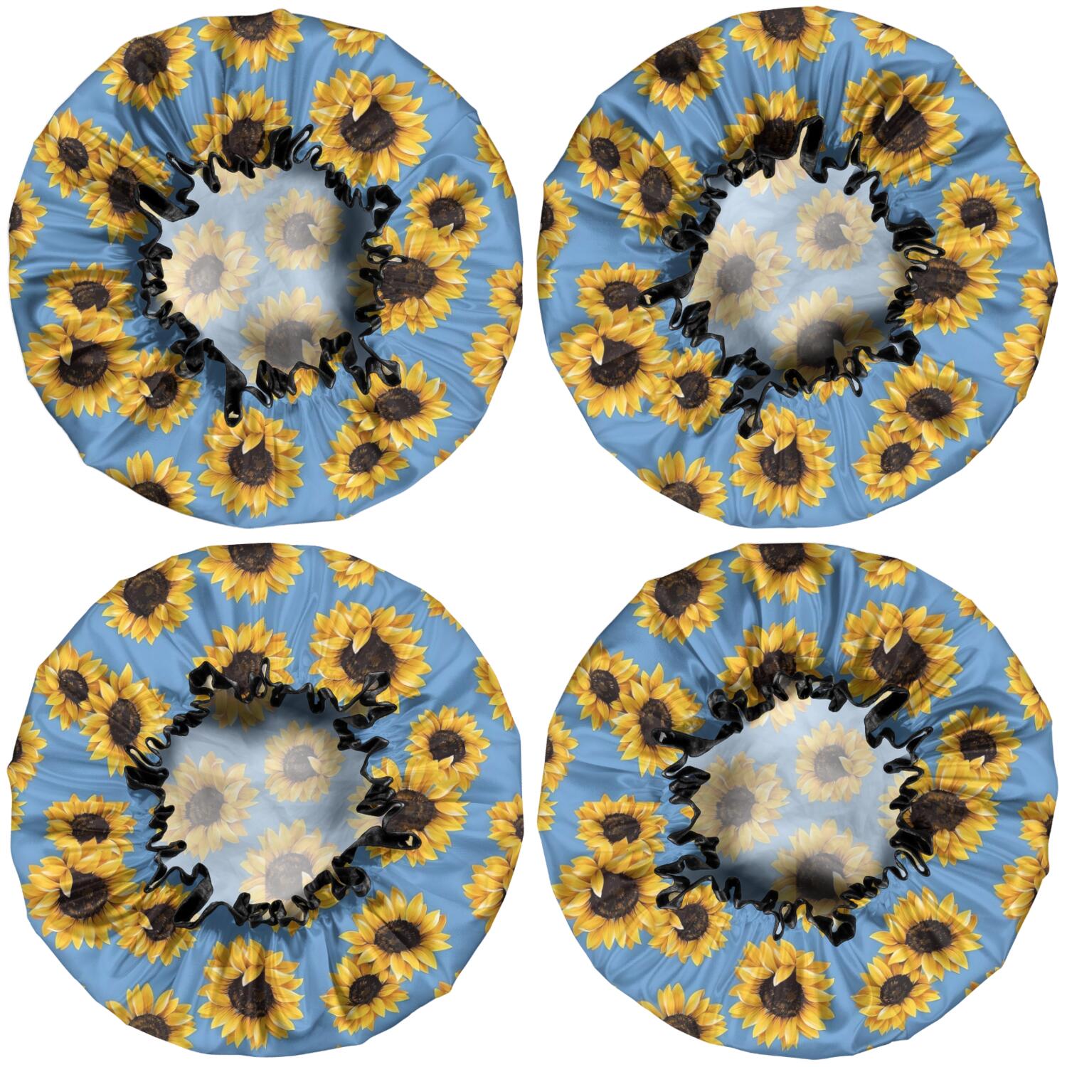 Shower Caps,Blue Sunflower Pattern Waterproof Shower Cap for Women 4 Pieces,Double Reusable Hair Cover for Shower PEVA Elastic Stretch Hem