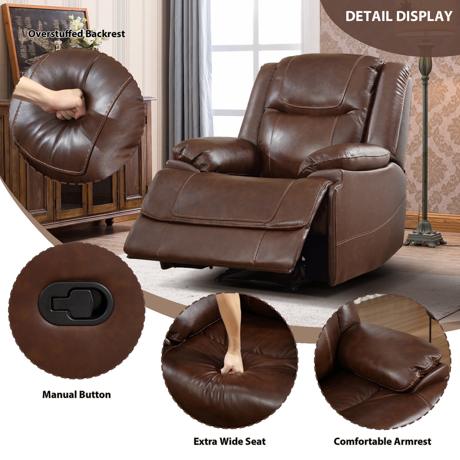 Bonzy Home 37.4" Wide Genuine Leather Manual Zero Headroom Recliner Home Theater