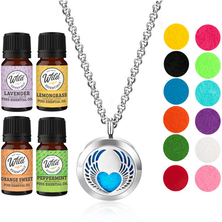 Wild Essentials Winged Heart Necklace Essential Oil Diffuser Kit With Lavender, Lemongrass, Peppermint, Orange Oils, 8 Refill Pads, Calming Aromatherapy Gift Set, Customizable Color Changing, Perfume