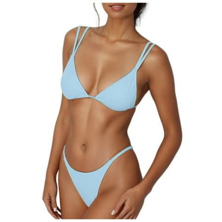 CAIVO Women Swimwear Sexy Thong Bottom 2PCS Bikini Double Shoulder Straps Cute Swimsuit Bathing Brazilian Beach Vacation Summer Swim Wear