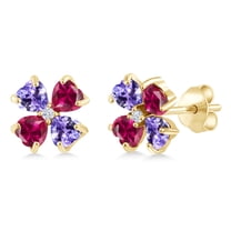 Gem Stone King 18K Yellow Gold Plated Silver Blue Tanzanite and Red Created Ruby Earrings for Women | 2.15 Cttw | Gemstone December Birthstone | Heart Shape 4MM