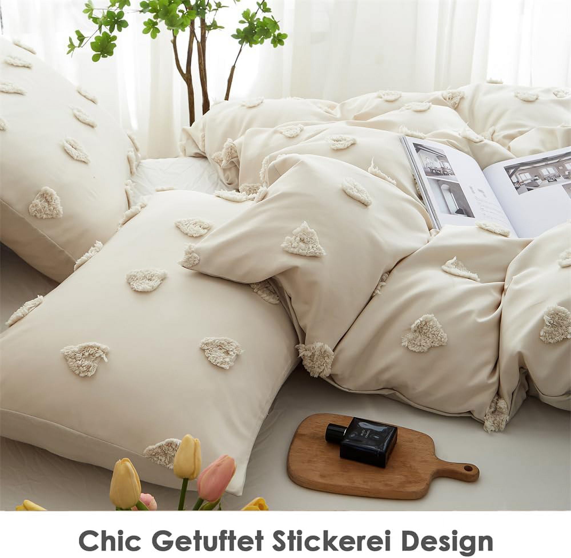 Beige Tufted Heart Dot Duvet Cover Boho Ultra Soft Jacquard Embroidery Shabby Chic Washed Microfiber Bedding Set,Twin Size