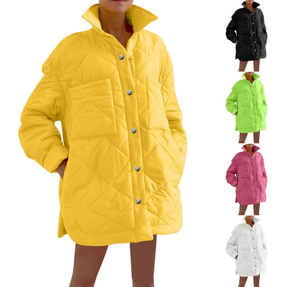 Ashirexll Winter Jackets for Women, Winter Coats for Women, Womens Solid Color Fall Winter Turndown Collar Long Pattern Puffer Jacket