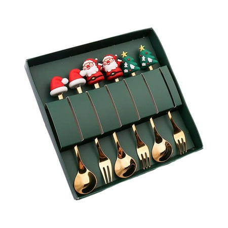 

Warkul 6Pcs/Set Christmas Fork Spoon Kit with Gift Box Food Grade Stainless Steel Xmas Charm Topper Long Handle Cutlery Utensils Festival Gift