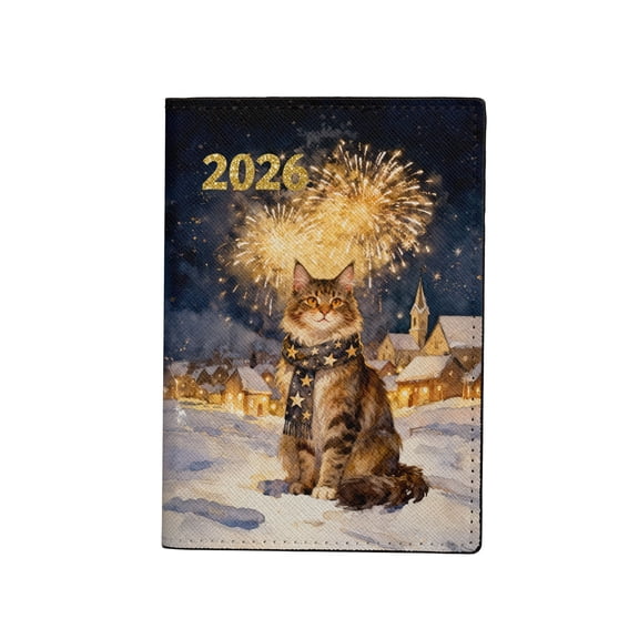 Maine Coon Happy New Year 2026 with Fireworks on New Year's Eve Travel Passport Wallet Cat Lover Kitten Owner Gifts PU Leather Passport Holder Cover - 12022