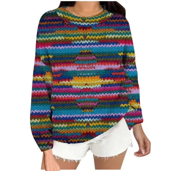 Women's Oversized Sweaters Colorful Striped Pullover Tops Chunky Knit Long Sleeve Crewneck Shirts