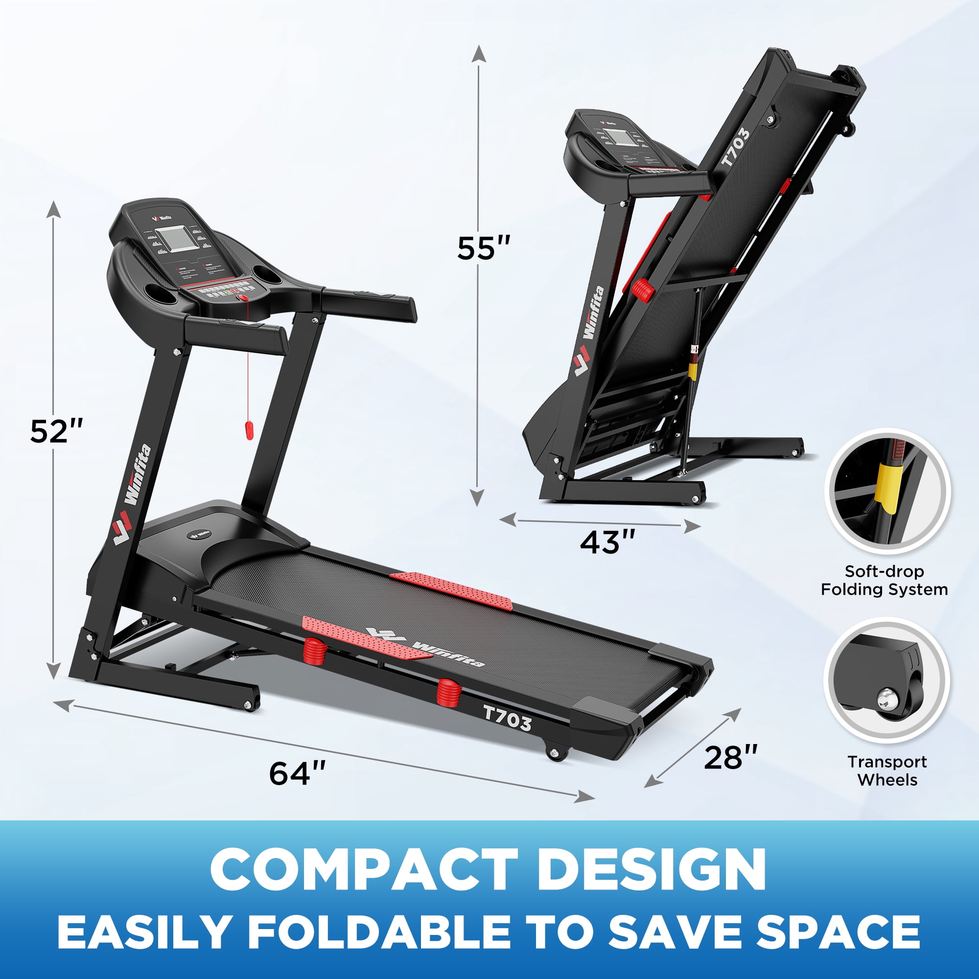 Winfita 4HP Folding Treadmill with 15% Auto Incline, 10MPH Compact Treadmills for Home with 300LBS Capacity, 18"x50" Wide Belt, FREE App & Bluetooth, LCD Display, 73Programs, Portable Running Machine