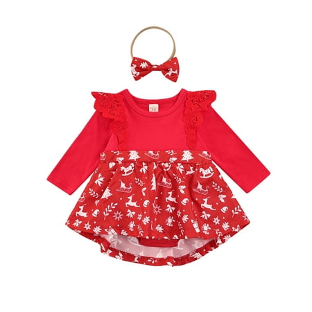 

Frobukio Christmas Newborn Baby Girls Romper Cotton Snowflake Printed Long Sleeve Dress Jumpsuit + Headband Red 0-6 Months