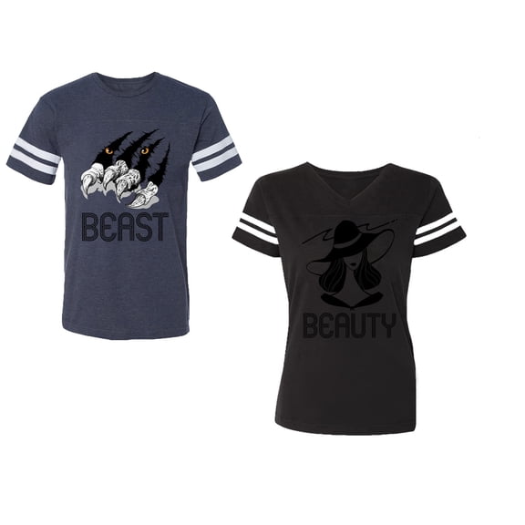 Beast Beauty Unisex Couple Matching Cotton Jersey style T-Shirt Contrasting stripes on sleeves (Men Navy / Women Black) (Men S / Women S)