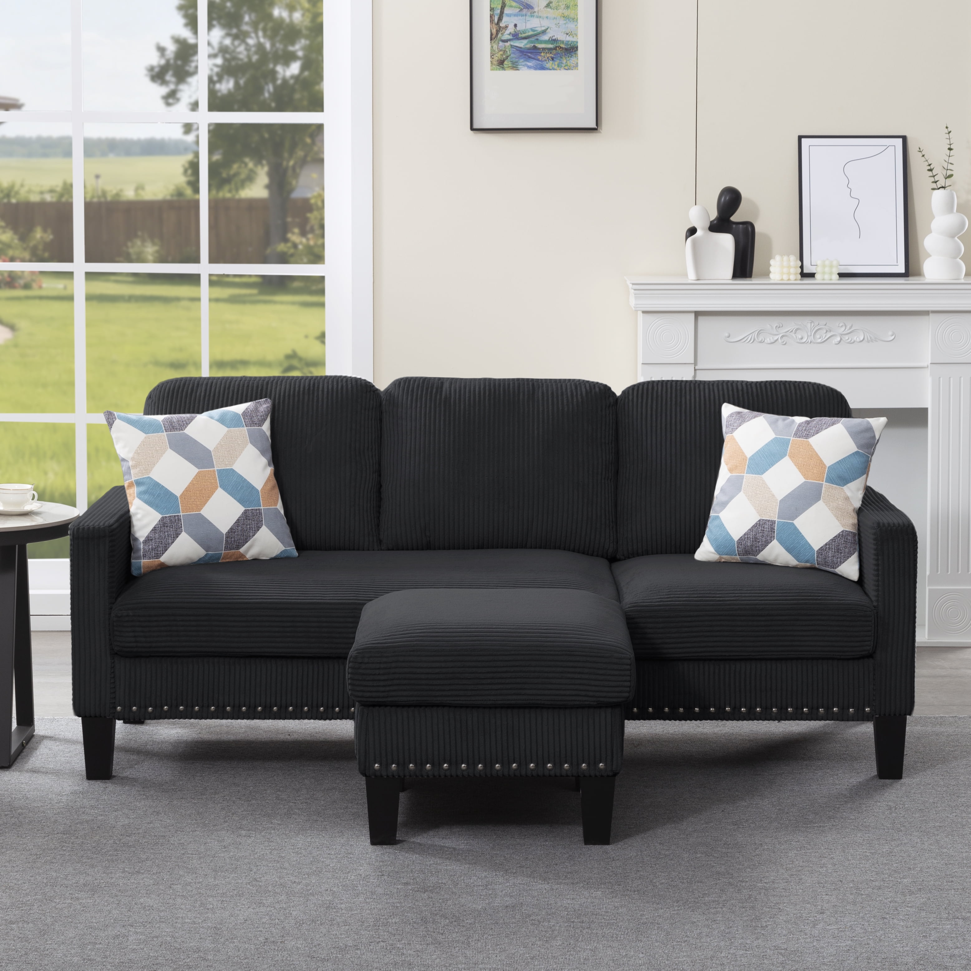 Gewnee 72.64"L-Shaped Sectional Sofa with Movable Ottoman,3-Seater Modern Reversible Chaise,Storage Pocket&Pillows,for Living Room,Office.Black