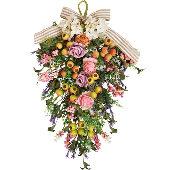 Idyllic 22 inch Spring Summer Floral Wreath for Front Door, Purple Orange Pink Front Door Wreath