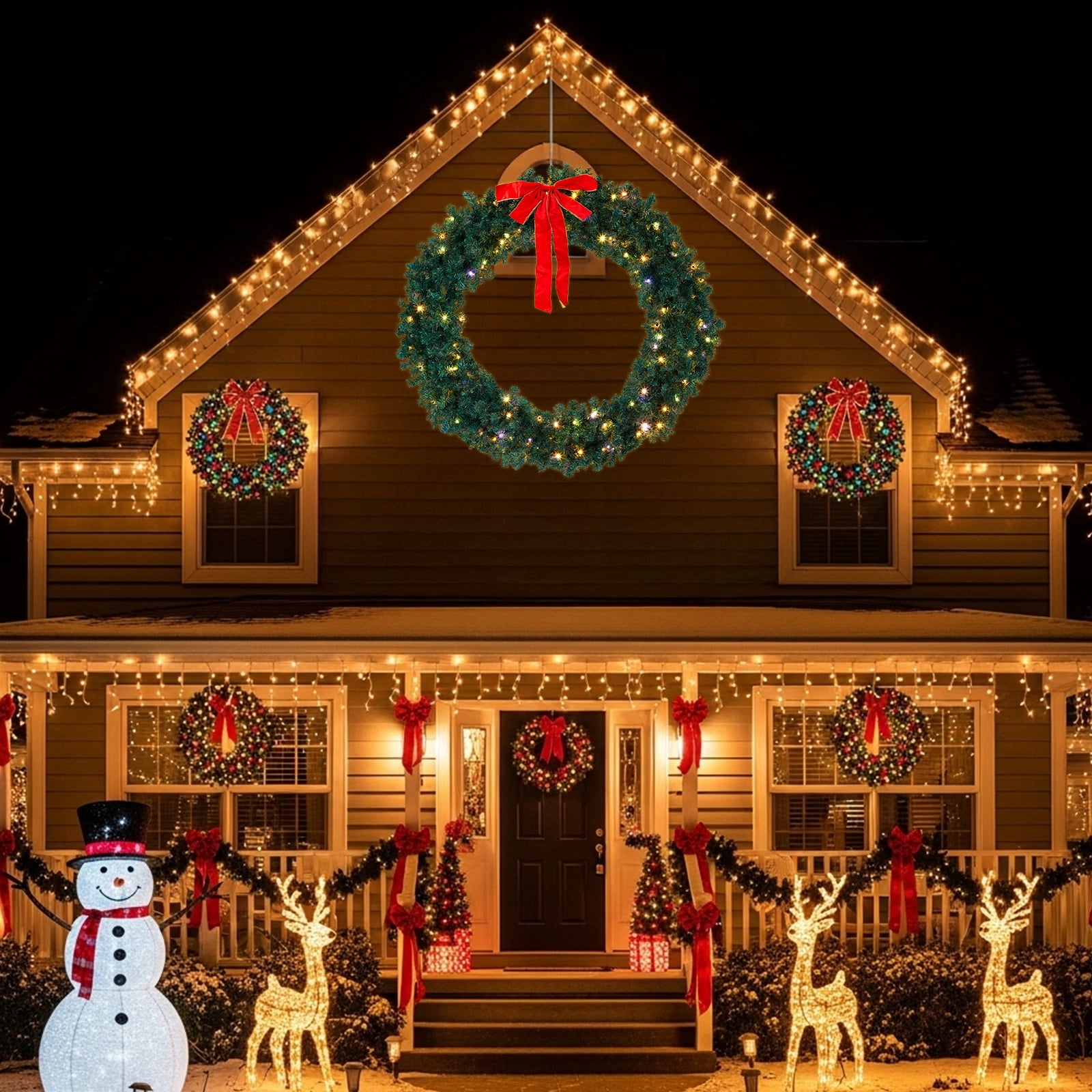 60in Pre-lit Christmas Wreath, Lighted Artificial Xmas Wreath with 220 Warm & Multi-color Lights and 600 PVC Tips, Remote Control Stepless Dimming, for Front Door Gate Wall Xmas Party Decorations