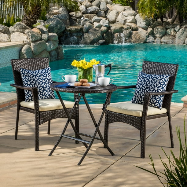Nia Wicker 3Piece Outdoor Bistro Set with Cushions, MultiBrown/Creme