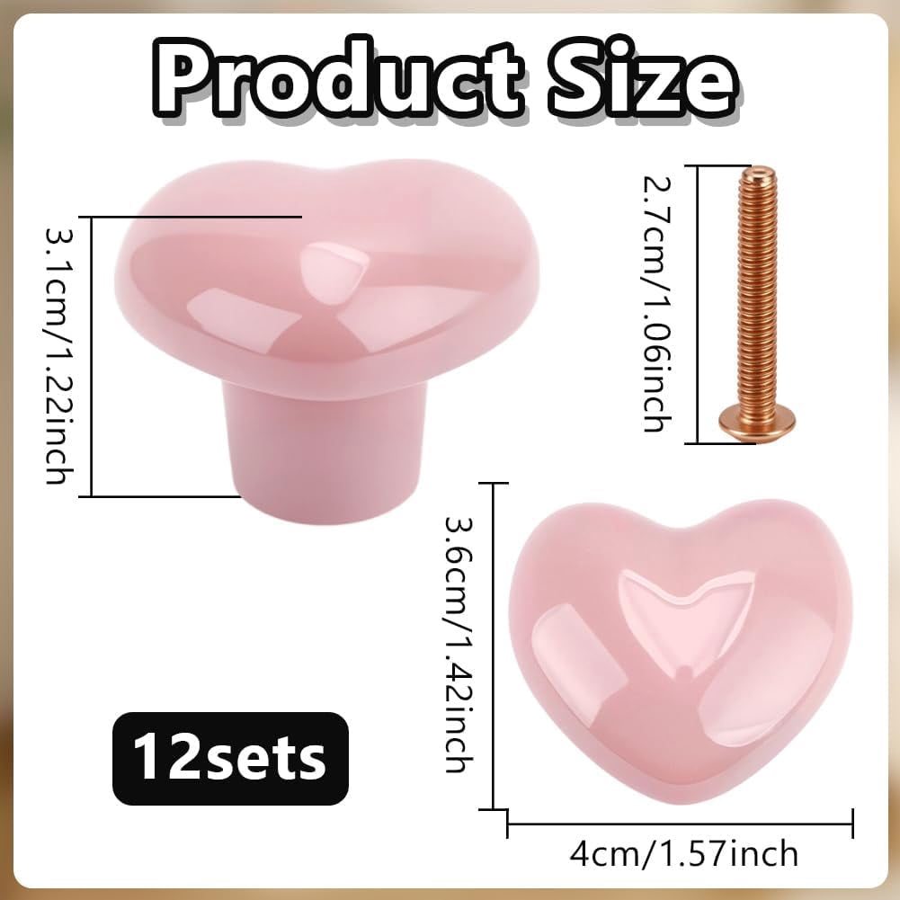 12 Sets Cabinet Knobs 1.59 Inch Pink Heart Kitchen Dresser Knobs Drawer Knob Cabinet Hardware Ceramic Knob for Home Cupboard Wardrobe Bathroom Hardware for DIY