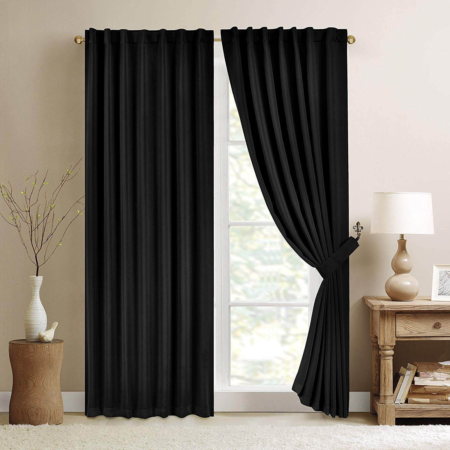 Chezmoi Collection Black Thermal Blackout Back Tab Curtain Set of 2