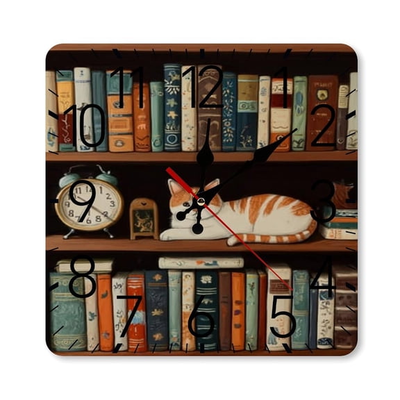 RKSupls 10×10inch Square Silent Wall Clock Wooden Frame, Cat Bookshelf Clock Scale Decorative Clock for Home Bedroom Living Room Office