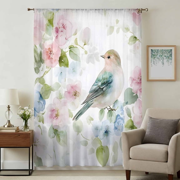 Peach Blossom Sheer Curtains 84 Inches Long, Nature Pink Blue Flower Spring Birds Light Filering Curtains, Breathable Simi Curtain Privacy Drapes for Living Room Bedroom Lightweight Window Treatment