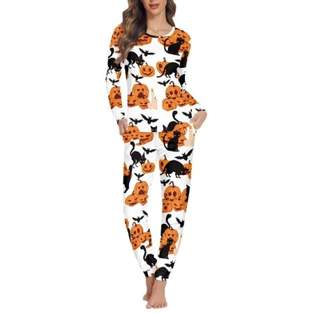 

Pzuqiu Women Sleepwear Set of 2 Loose Fitting Pajama Lingerie Round Neck Pullover Tops Two Pockets Sweatpants Halloween Lightweight Fashion Size 3XL Black Cats Pumpkin Long Sleeve Tracksuit
