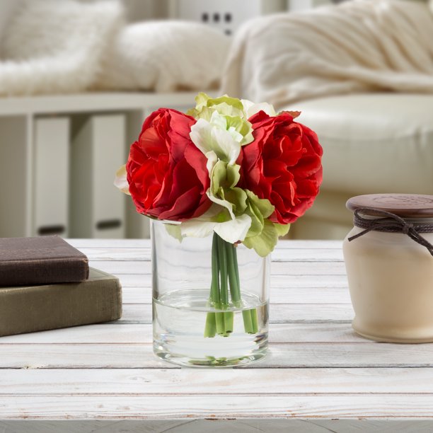 Hydrangea and Rose Artificial Floral Arrangement with Vase and Faux