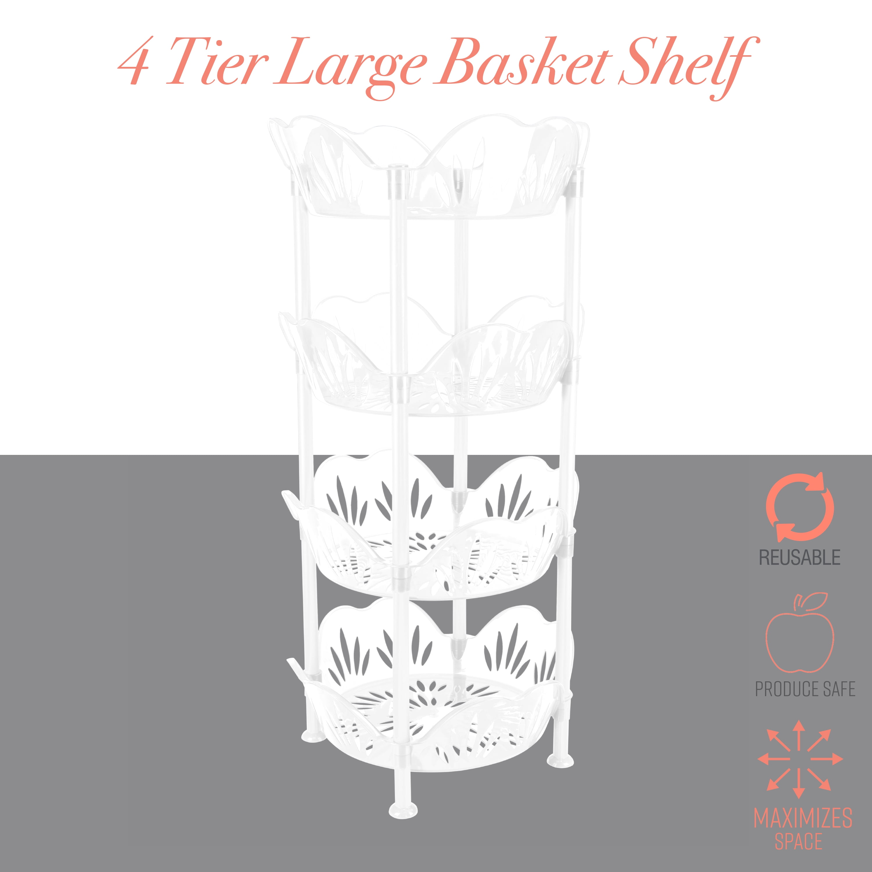Kitchen Details 4 Tier Large Plastic Basket Shelf Organizing Rack, White