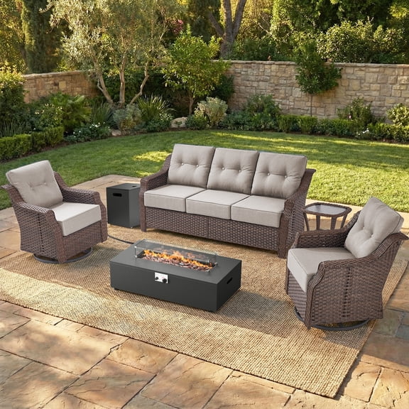 PARKWELL Patio High-Back Furniture Set with Fire Pit Table, Outdoor Sectional Swivel Rocker Chairs Sets with Luxury 6-Inch Cushions, Wicker Conversation Set for Porch, Balcony, Deck, Brown/Beige