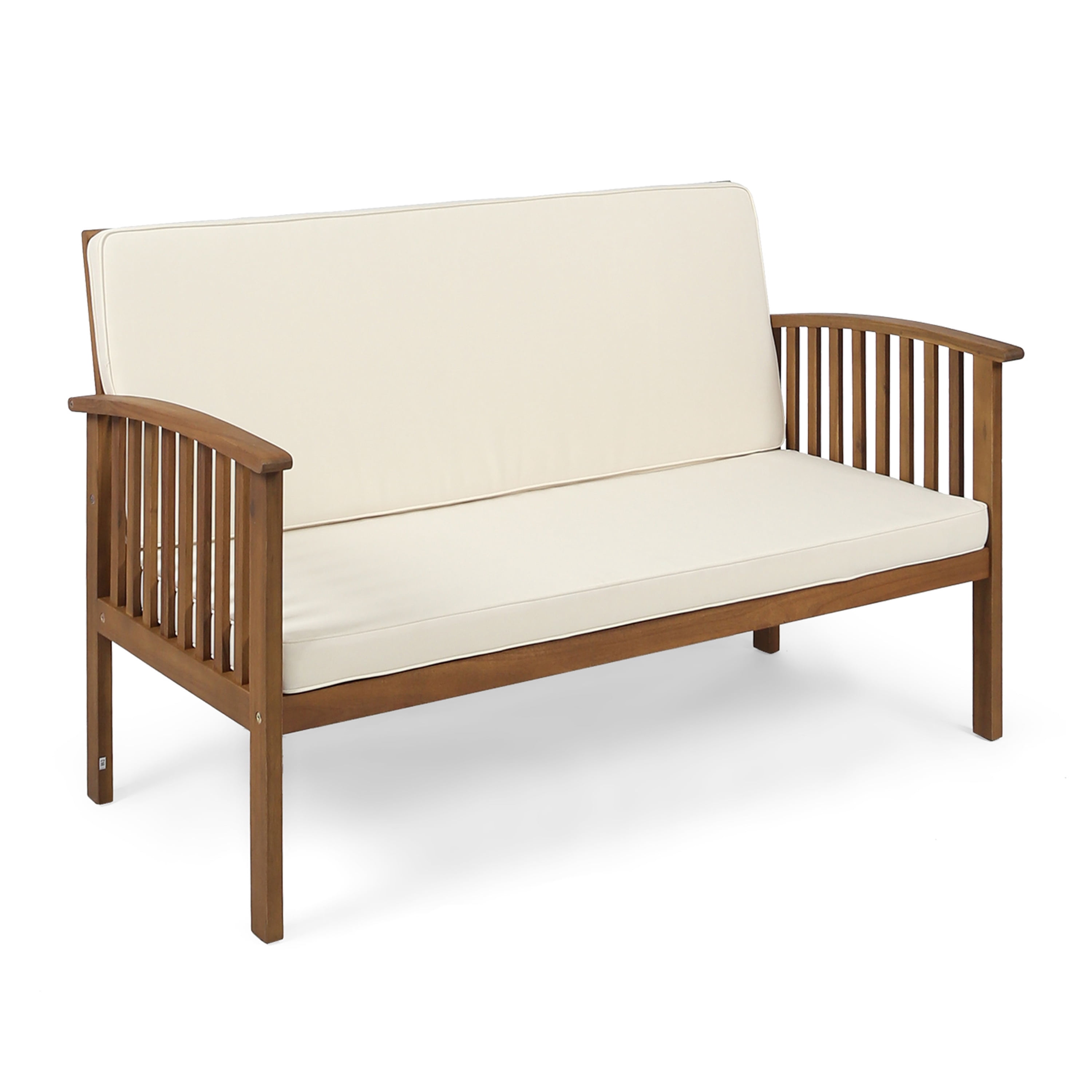 Outdoor Double Seat Loveseat Sofa, Solid Acacia Wood Frame Leisure Couch for Patio Garden, Teak and Beige