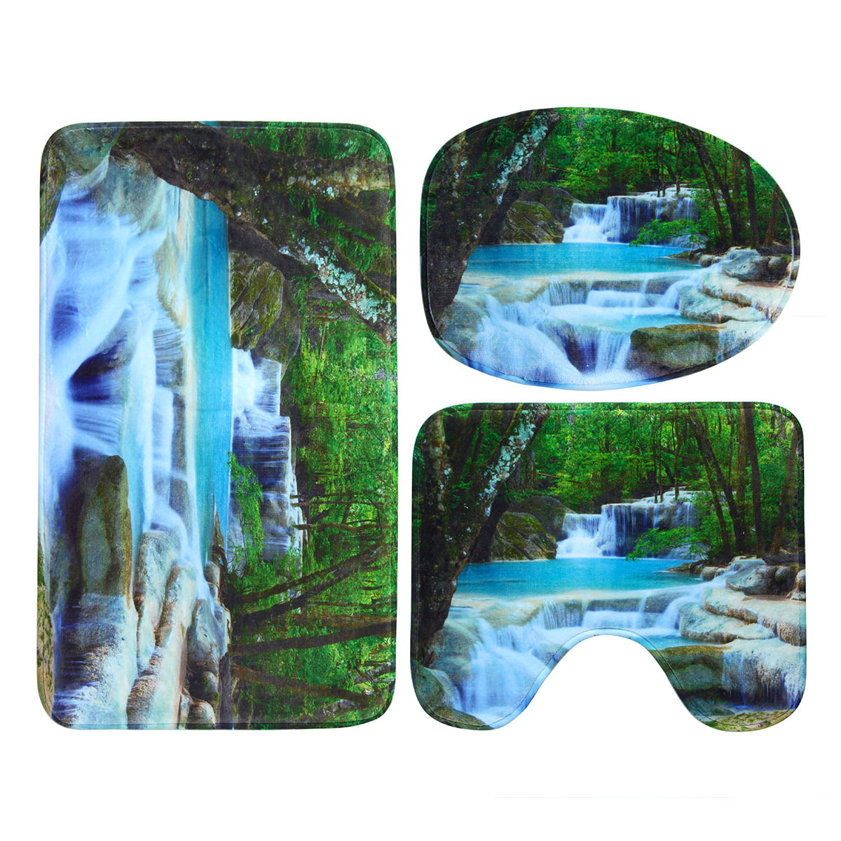 Forest Waterfall Shower Curtain Bath Mat Toilet Cover Rugs Bathroom Set 1/3/4Pcs 