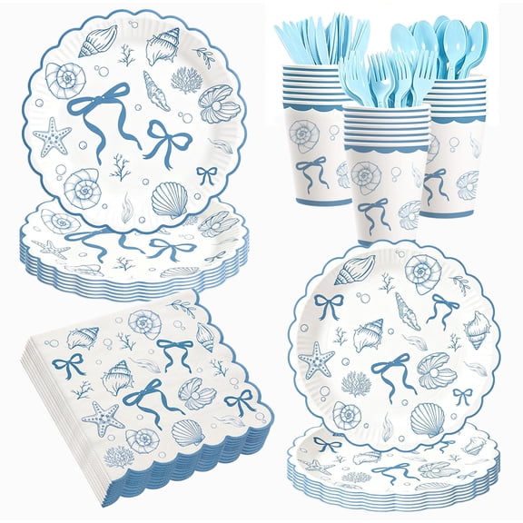 140 Pack Seashell Party Decorations- Serves 20 Guests, Include Seashell Party Plates Napkins Cups Forks, Spoons, Knives Disposable Dinnerware Set for Birthday Summer Party Turned Pretty Party