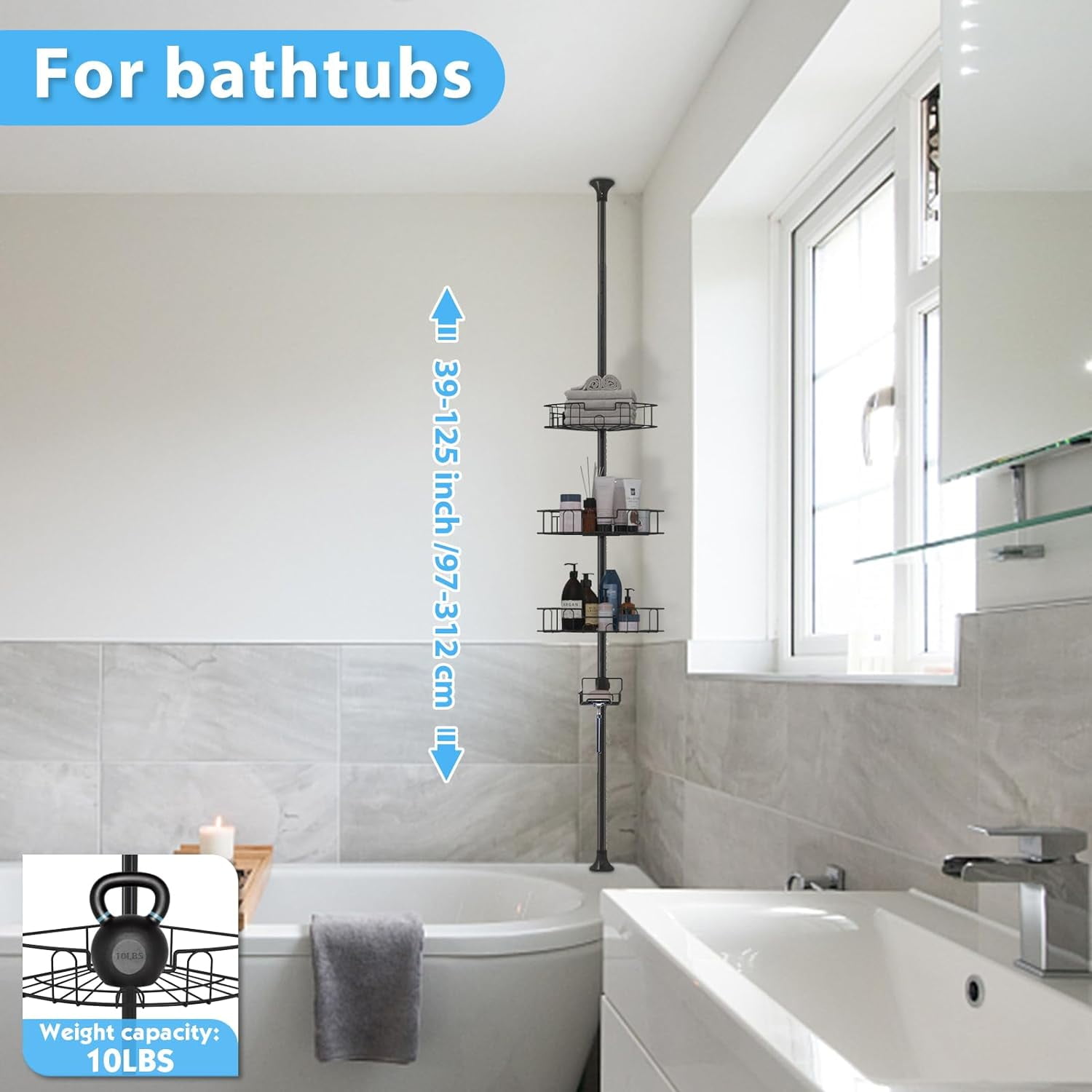 DEROFIT Shower Organizer Caddy 39-125" Stainless Steel Shower Shelves Rack for Inside Shower Bathroom Bathtub Caddy Rustproof Tension Pole Black