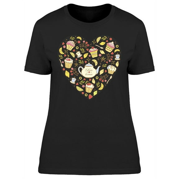 Tea Time, Doodles Heart Shape T-Shirt Women -Image by Shutterstock, Female Large