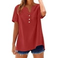 thumbnail image 2 of Red Womens Summer Tops Cotton Linen Shirts For Women Summer Button Down Tops Short Sleeve Casual Blouses Oversized Tshirts 2025 Shirts for Women, 2 of 6