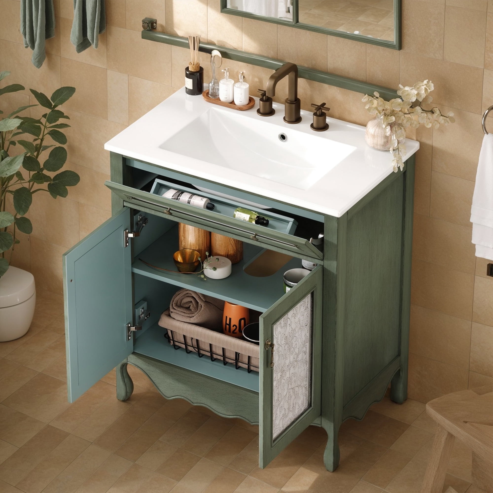 SogesPower 30" Antique Pattern Bathroom Vanity with Ceramic Sink, Solid Wood Bathroom Makeup Cabinet with Tip-Out Tray / Flip-Out Drawer, FreeStanding Single Basin Vanity Set, Antique Green + Blue