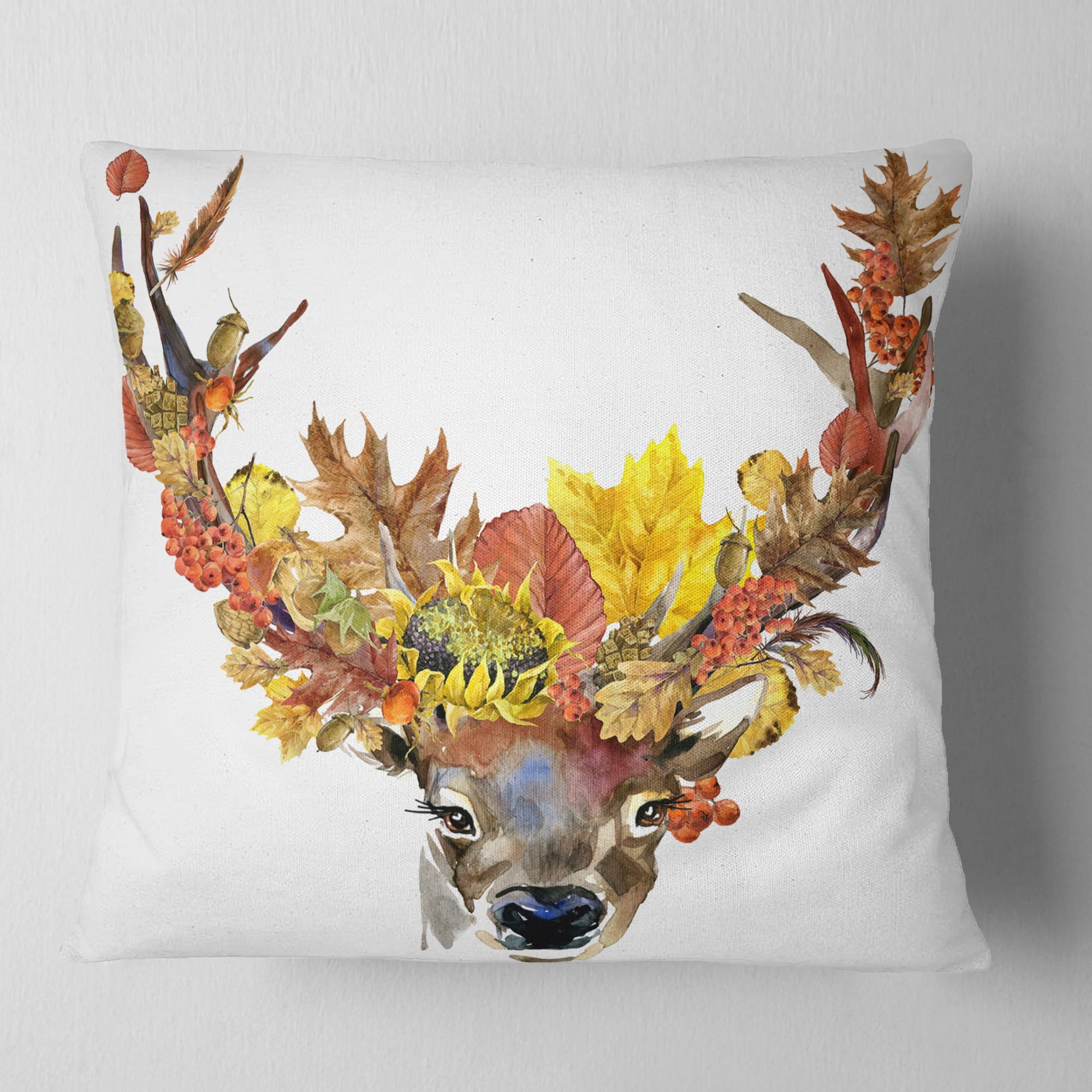 Designart Roe Deer with Flowers - Floral Throw Pillow - 18x18
