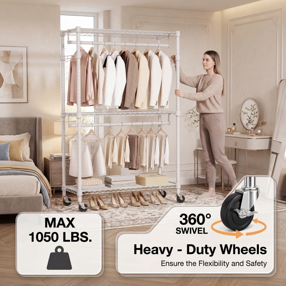 Heavy Duty Rolling Garment Rack, 3-Tier Adjustable Wire Shelving Clothes Rack with 2 Hanging Rods, Side Hooks & Lockable Wheels, White