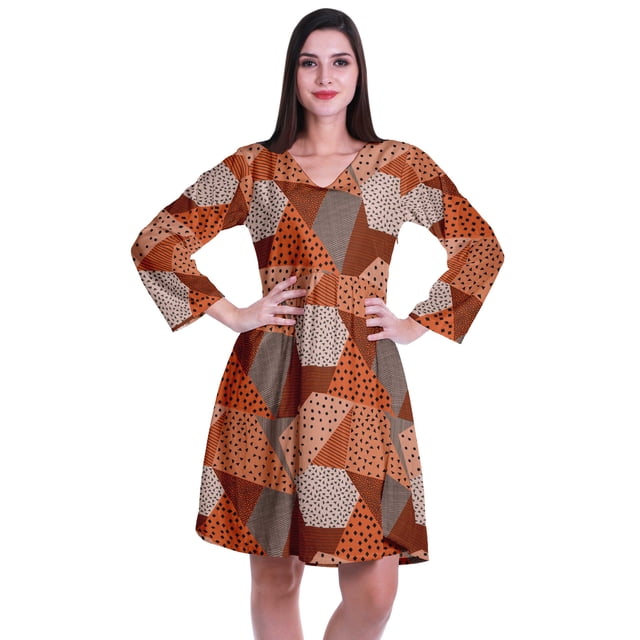 Moomaya Robe Courte Évasée Imprimée de Designer, Manches Longues, Tunique en Velours, Robes pour Femmes