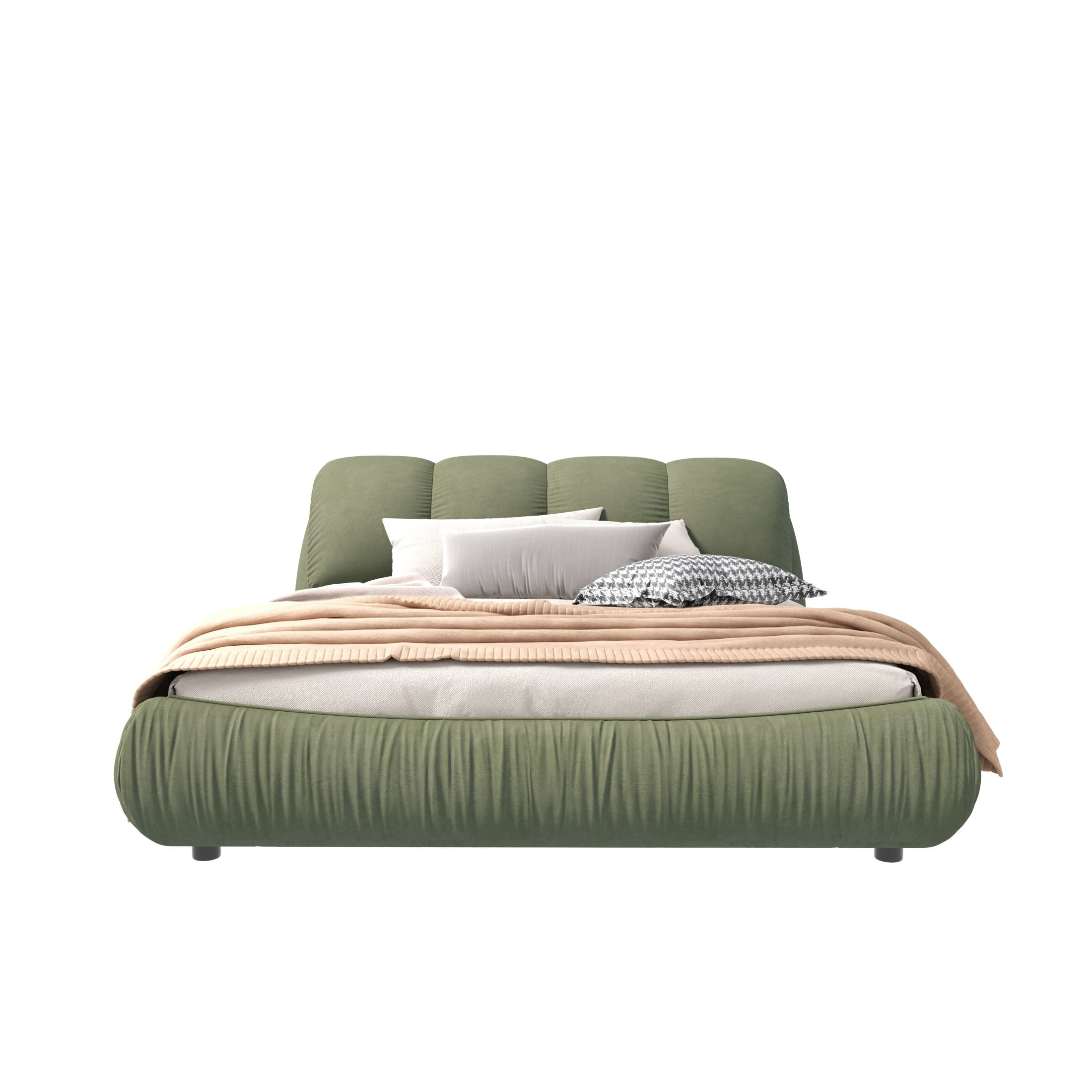 Noble House Rowen King Size Luxury Upholstered Platform Bed, Ergonomic Padded Cloud Headboard, Green