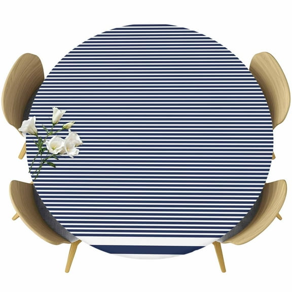 Farmhouse Navy Blue White Striped Round Tablecloth 36-44 Inch Round Fitted Table Cloth with Elastic Edge, Modern Stripes Waterproof Table Cover Protector for Outdoor Picnic Party Dining