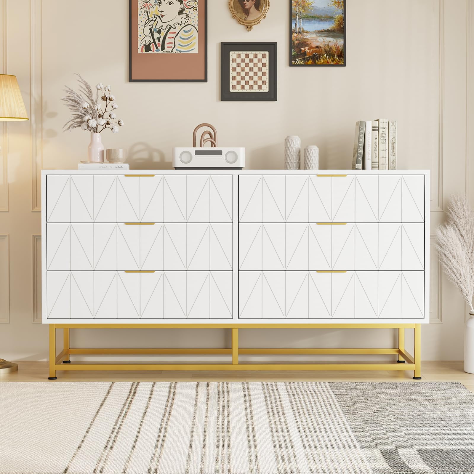 gold dresser walmart Modern 6-Drawer Wood Dresser with Gold Handles and Base, Large Storage Chest  for Bedroom Living Room Hallway Closet Entryway, Oak