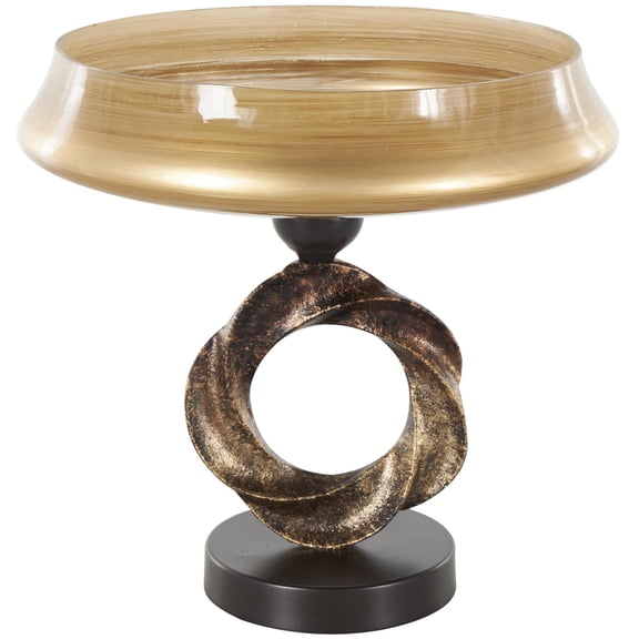 DecMode 12" Round Wide Brushed Brown Glass Decorative Bowl with Textured Bronze and Black Ring Base