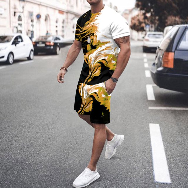 Men's Suit Category - All-Over Print Short Sleeve Tee and Quarter Pants Two-Piece Set for Men