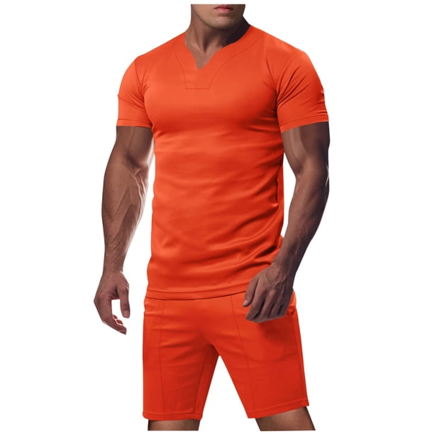 Pantalones de Cordón para Hombre Color Sólido Casual Ejercicio Bolsillo Pantalones Cortos Manga Corta V-Cuello Blusas Conjuntos