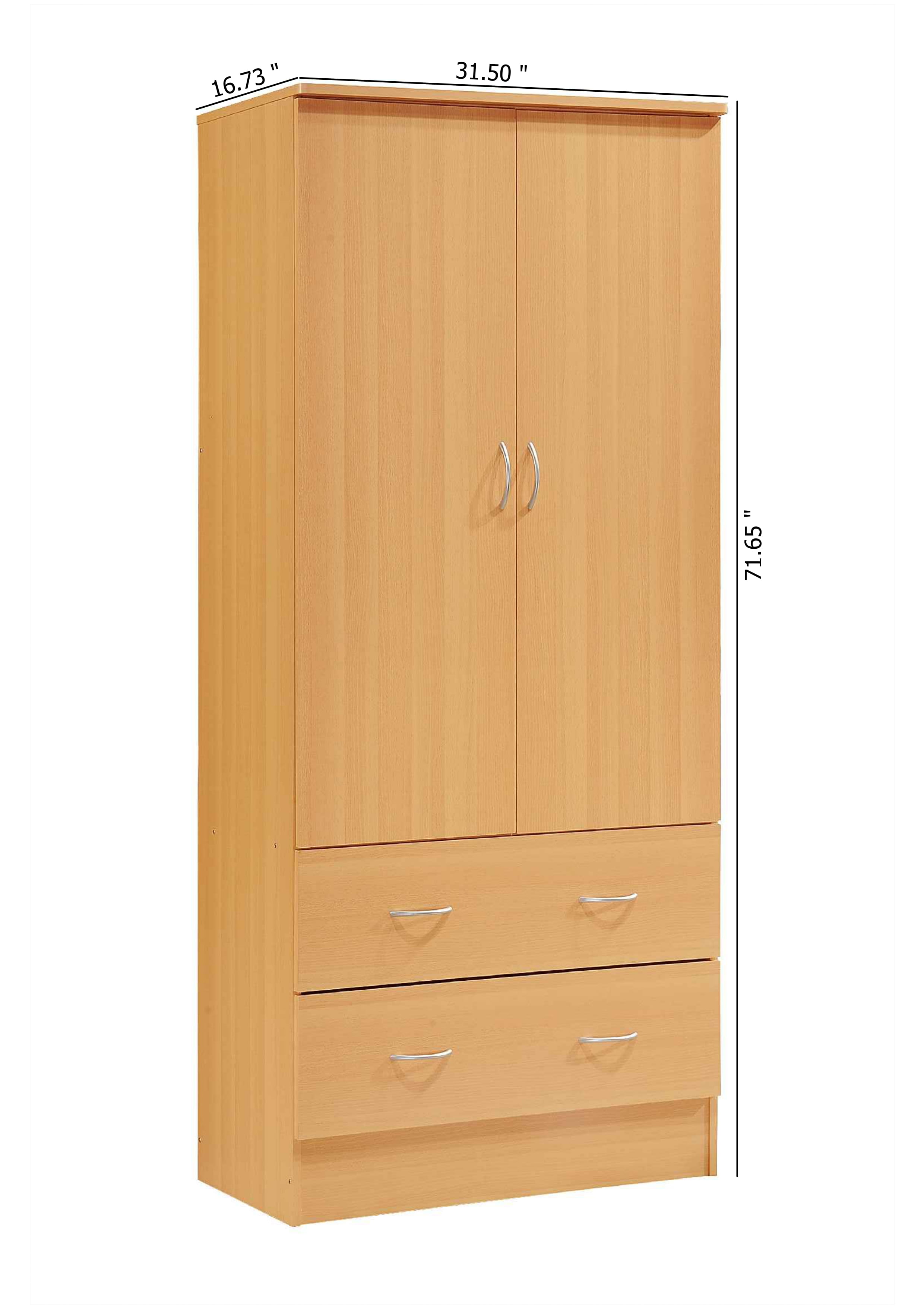 Hodedah Two Door Wardrobe with Two Drawers and Hanging Rod, Beech