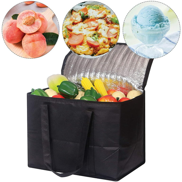2 Pack Commercial Insulated Bag for Food Delivery, Foldable Hot & Cold  Thermal Bag with Sturdy Zipper for Groceries, Stands Upright (XL, Black) 