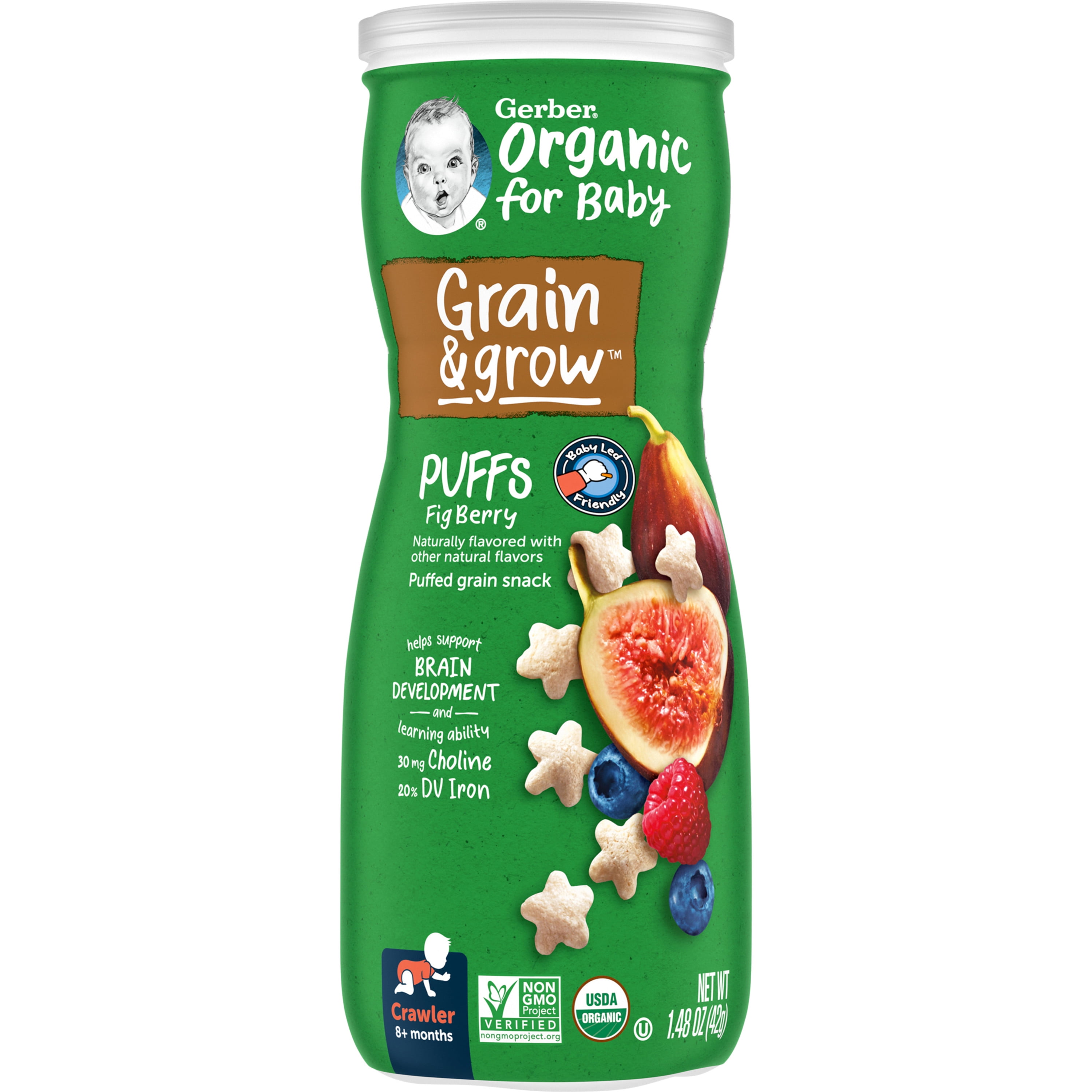Gerber 2nd Foods Organic for Baby Grain & Grow Puffs, Fig Berry, 1.48 oz Canister