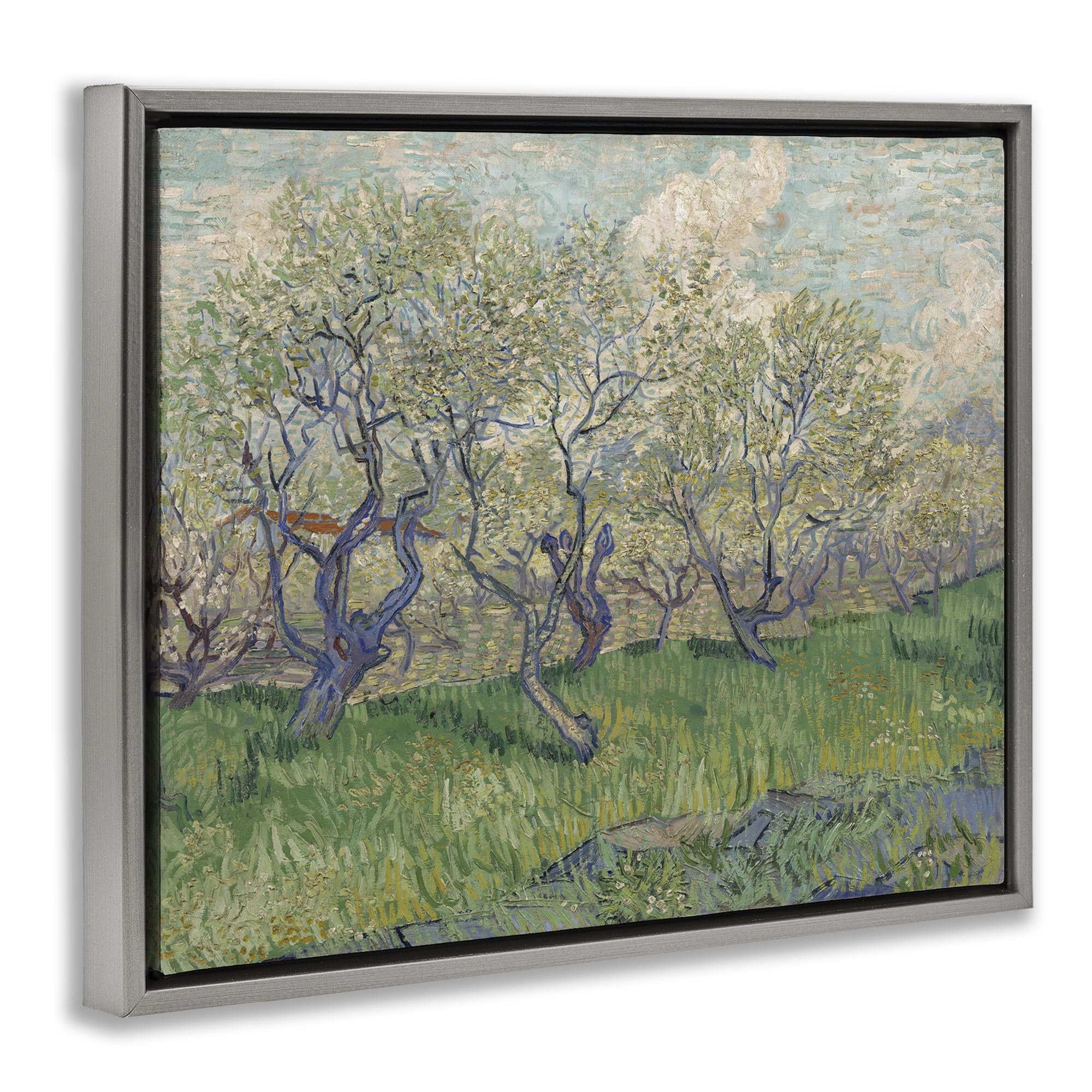 Stupell Industries Classic Van Gogh Blossoming Orchard Landscape & Nature Painting Gray Floater Framed Canvas Art Print Wall Art, 21 x 17